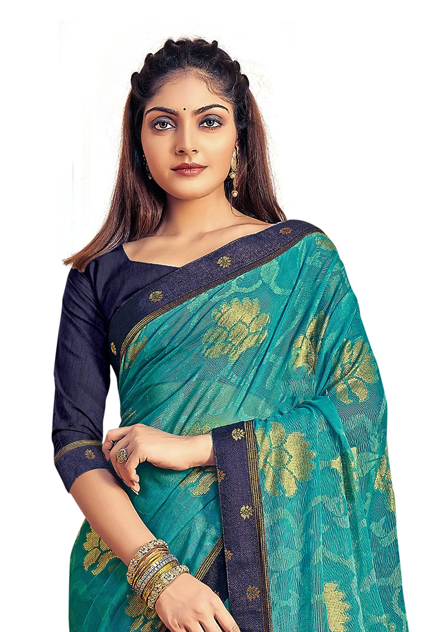Vamika Rama Green Designer Chiffon Brasso Saree With Exclusive Banarasi Lace | Swadesiicart