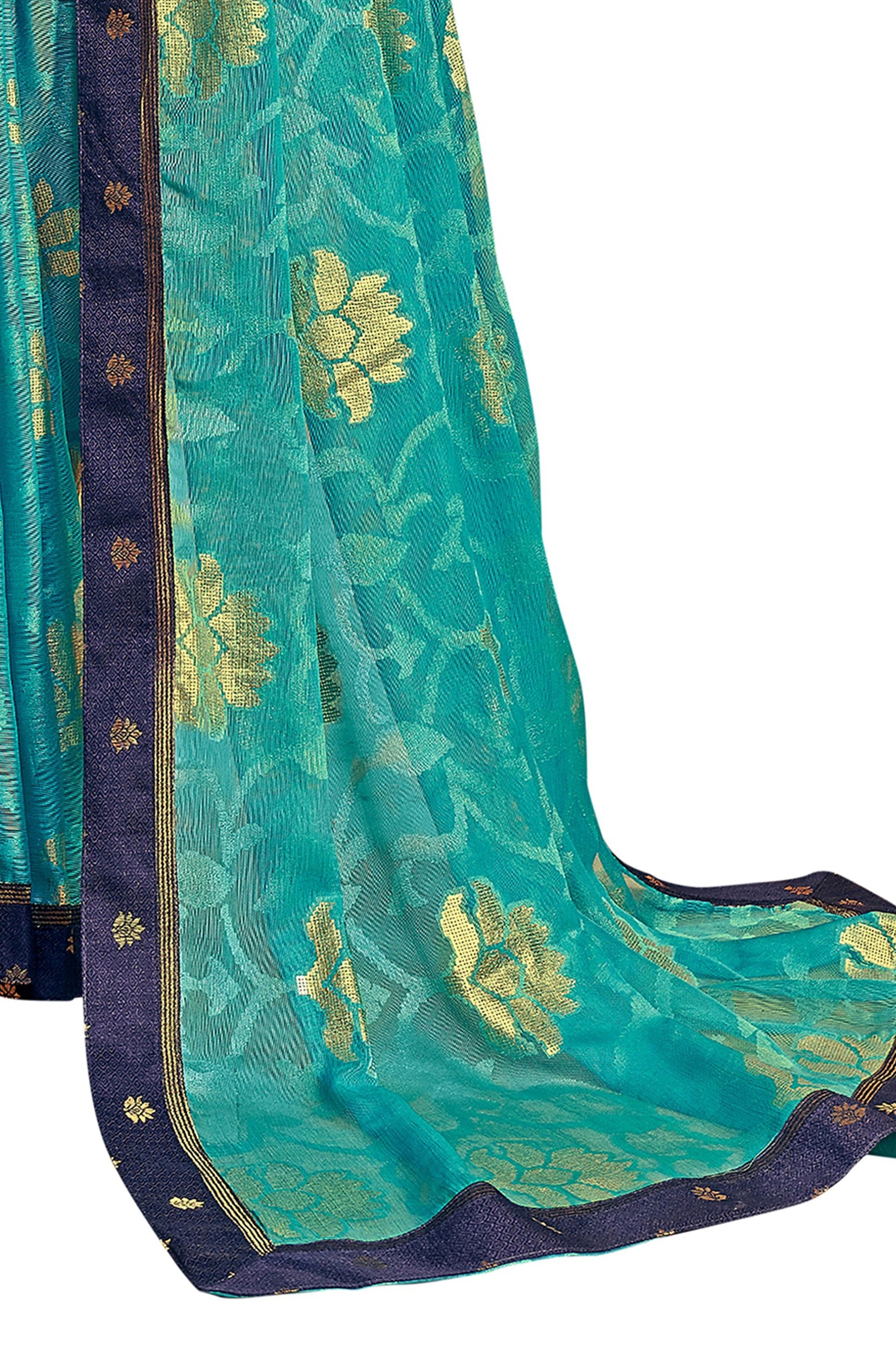 Vamika Rama Green Designer Chiffon Brasso Saree With Exclusive Banarasi Lace | Swadesiicart