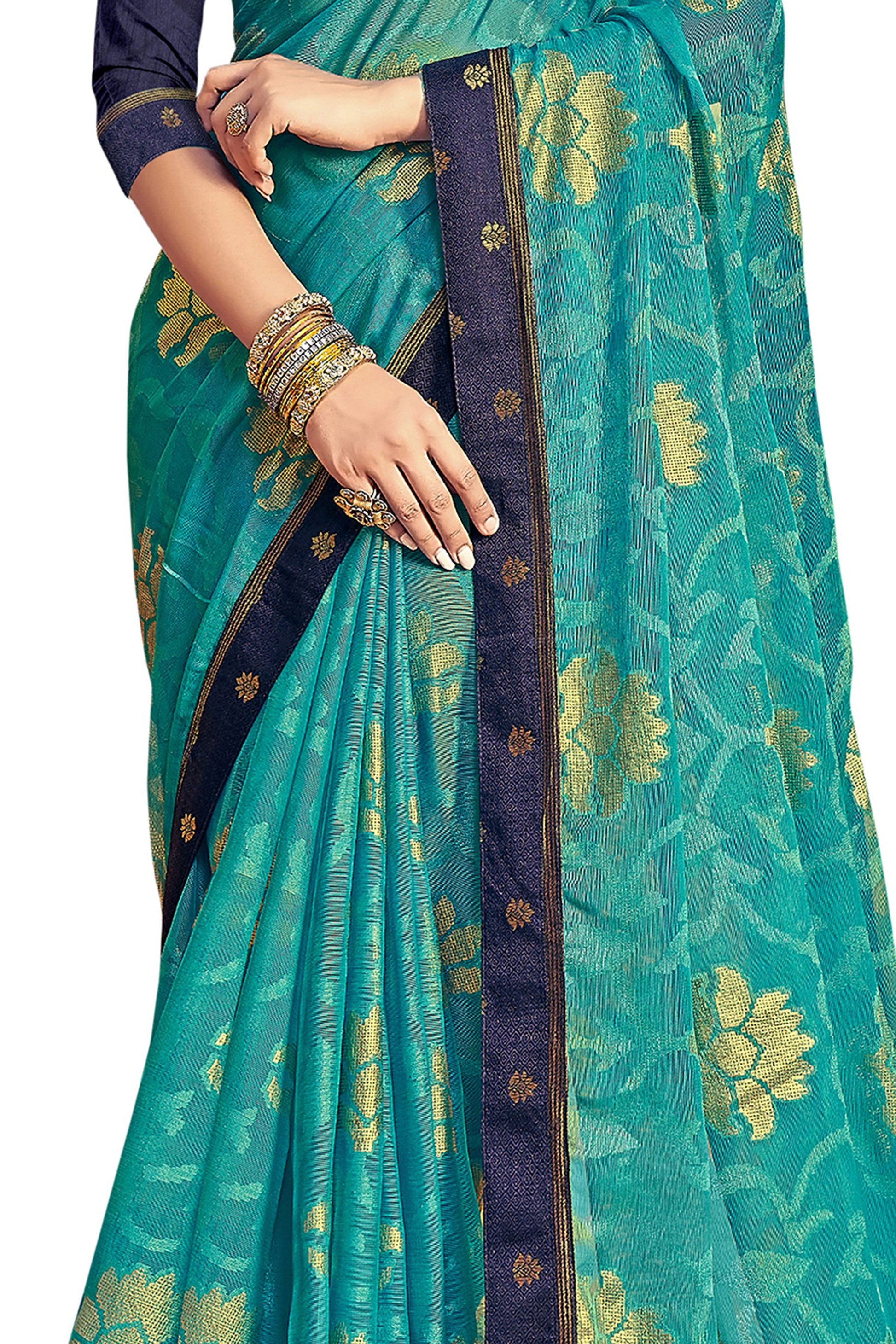 Vamika Rama Green Designer Chiffon Brasso Saree With Exclusive Banarasi Lace | Swadesiicart