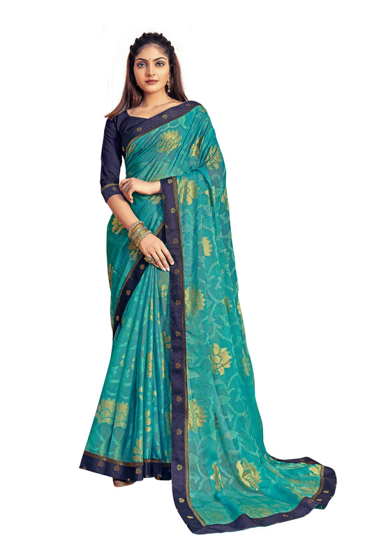 Vamika Rama Green Designer Chiffon Brasso Saree With Exclusive Banarasi Lace | Swadesiicart