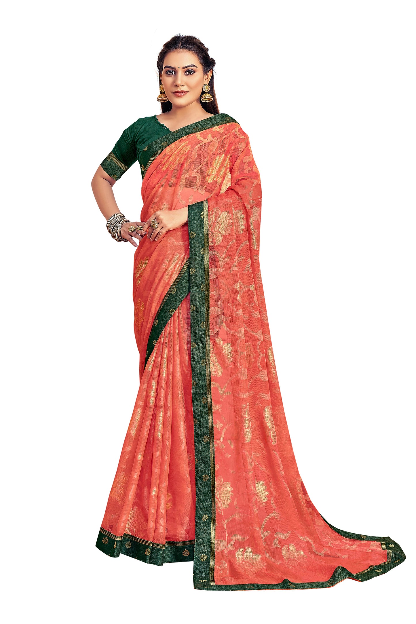 Vamika Orange Designer Chiffon Brasso Saree With Exclusive Banarasi Lace | Swadesiicart