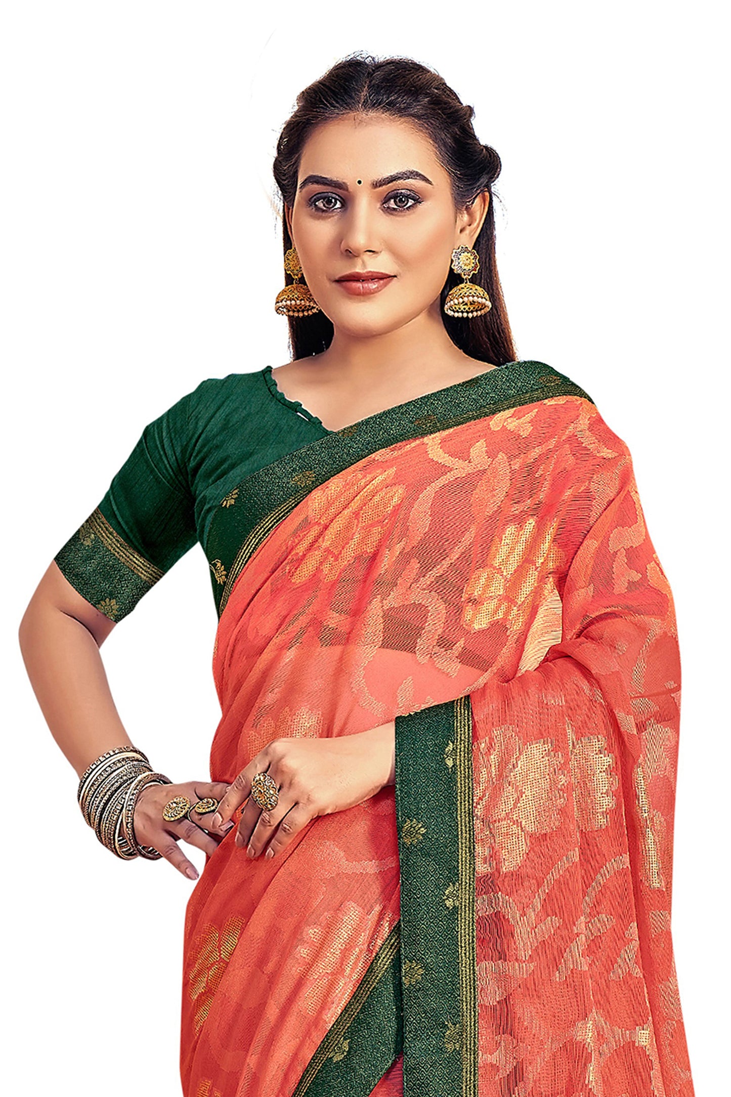 Vamika Orange Designer Chiffon Brasso Saree With Exclusive Banarasi Lace | Swadesiicart