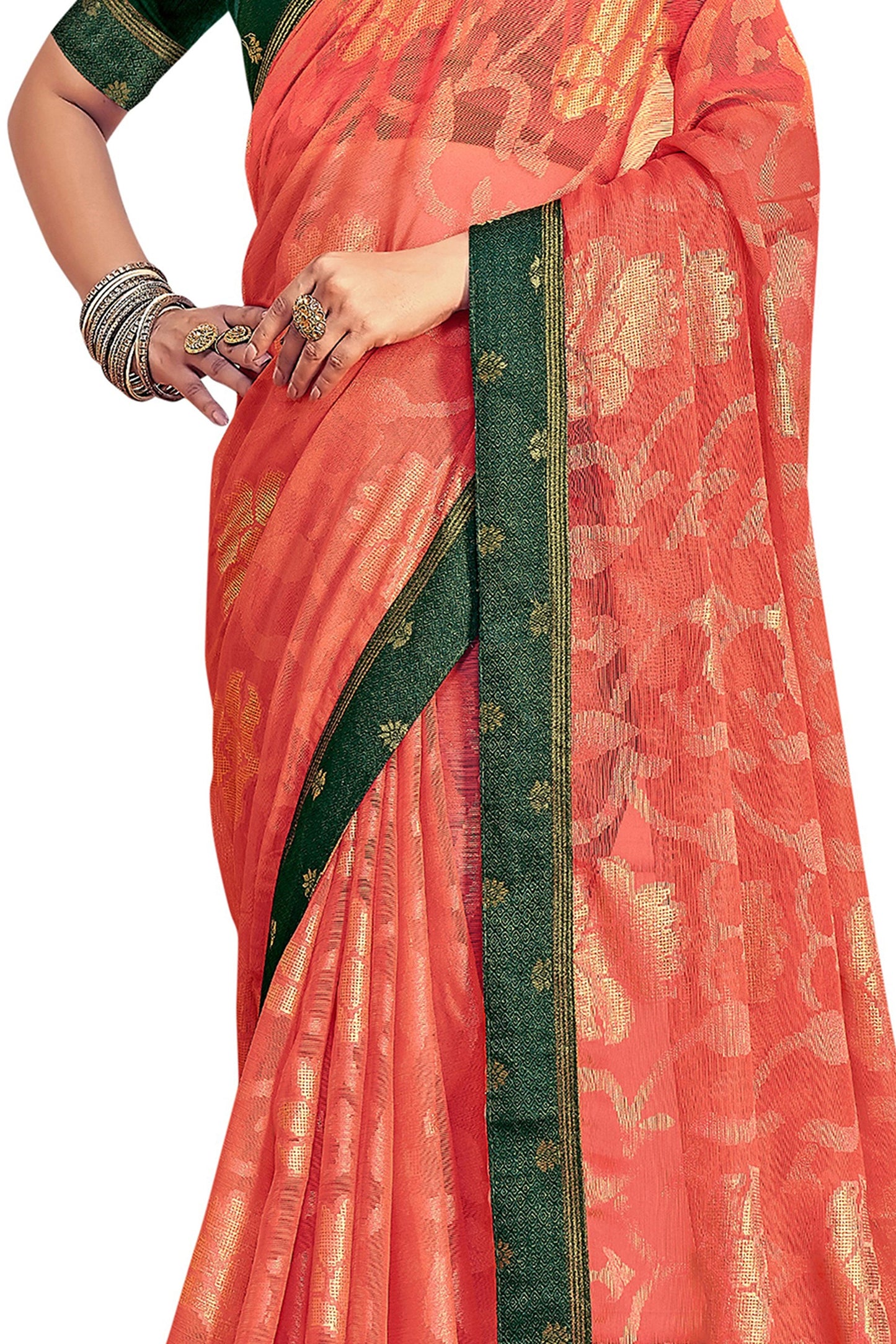 Vamika Orange Designer Chiffon Brasso Saree With Exclusive Banarasi Lace | Swadesiicart