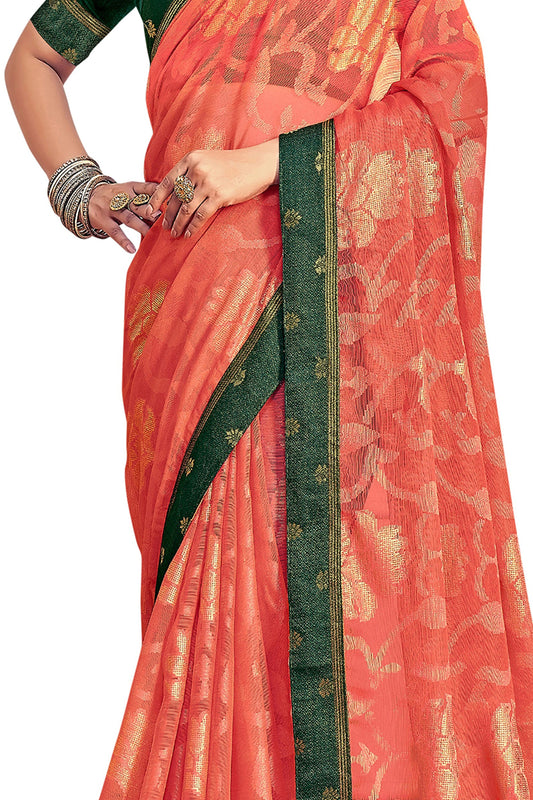 Vamika Orange Designer Chiffon Brasso Saree With Exclusive Banarasi Lace | Swadesiicart