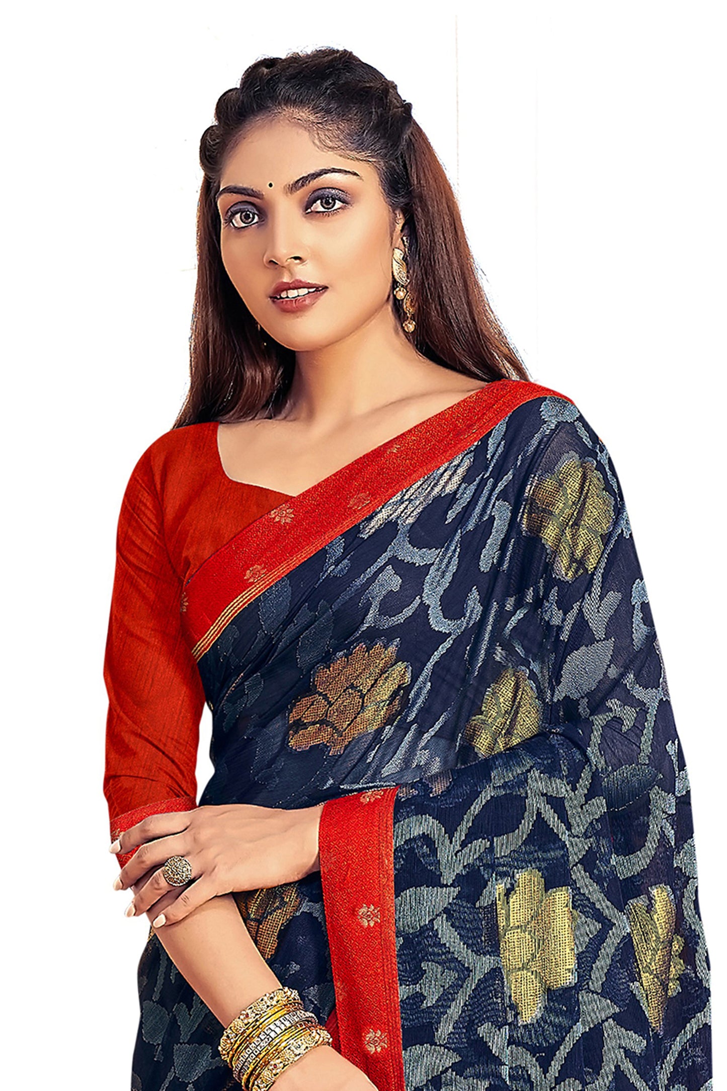 Vamika Navy Blue Designer Chiffon Brasso Saree With Exclusive Banarasi Lace | Swadesiicart