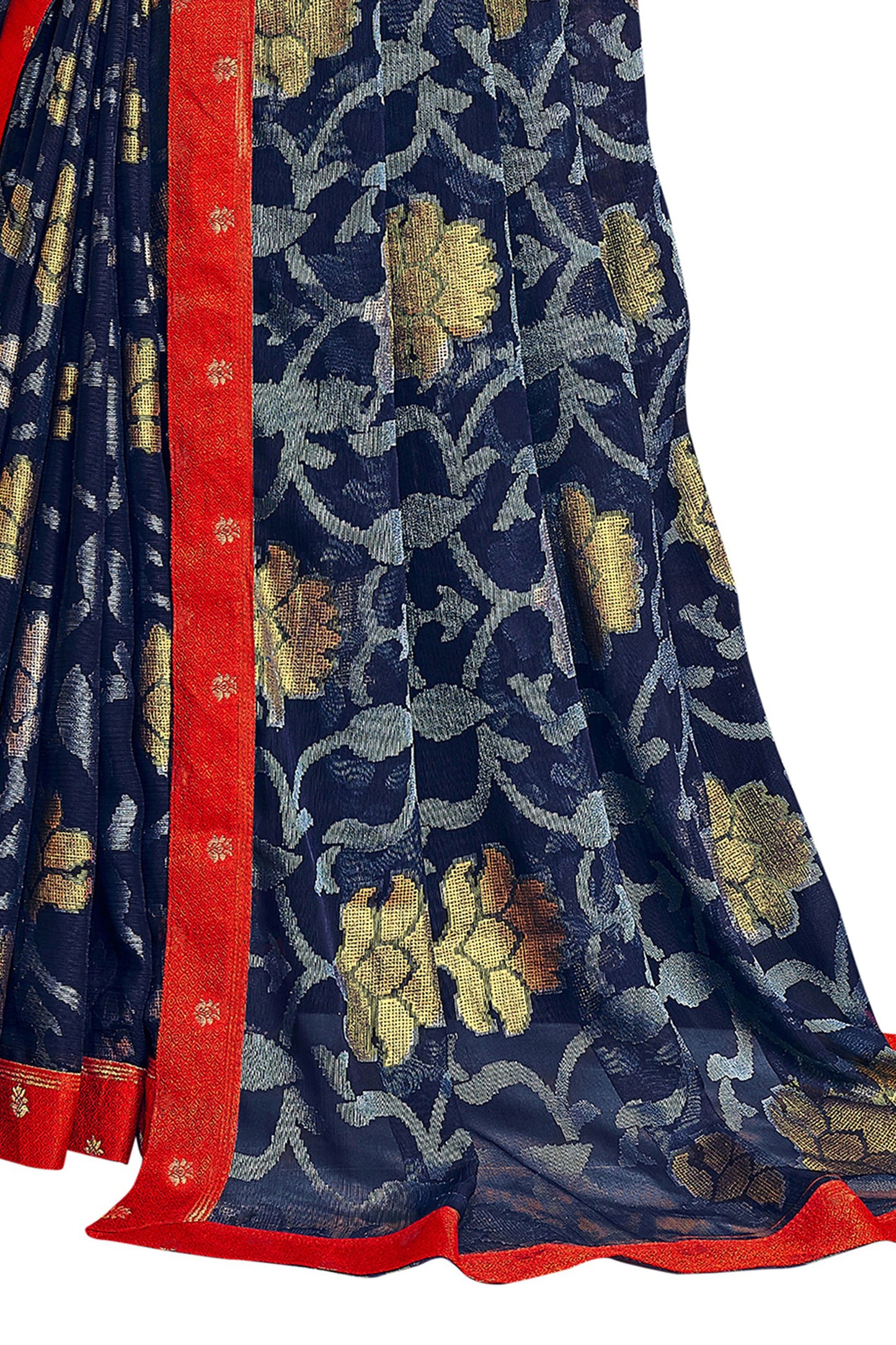 Vamika Navy Blue Designer Chiffon Brasso Saree With Exclusive Banarasi Lace | Swadesiicart
