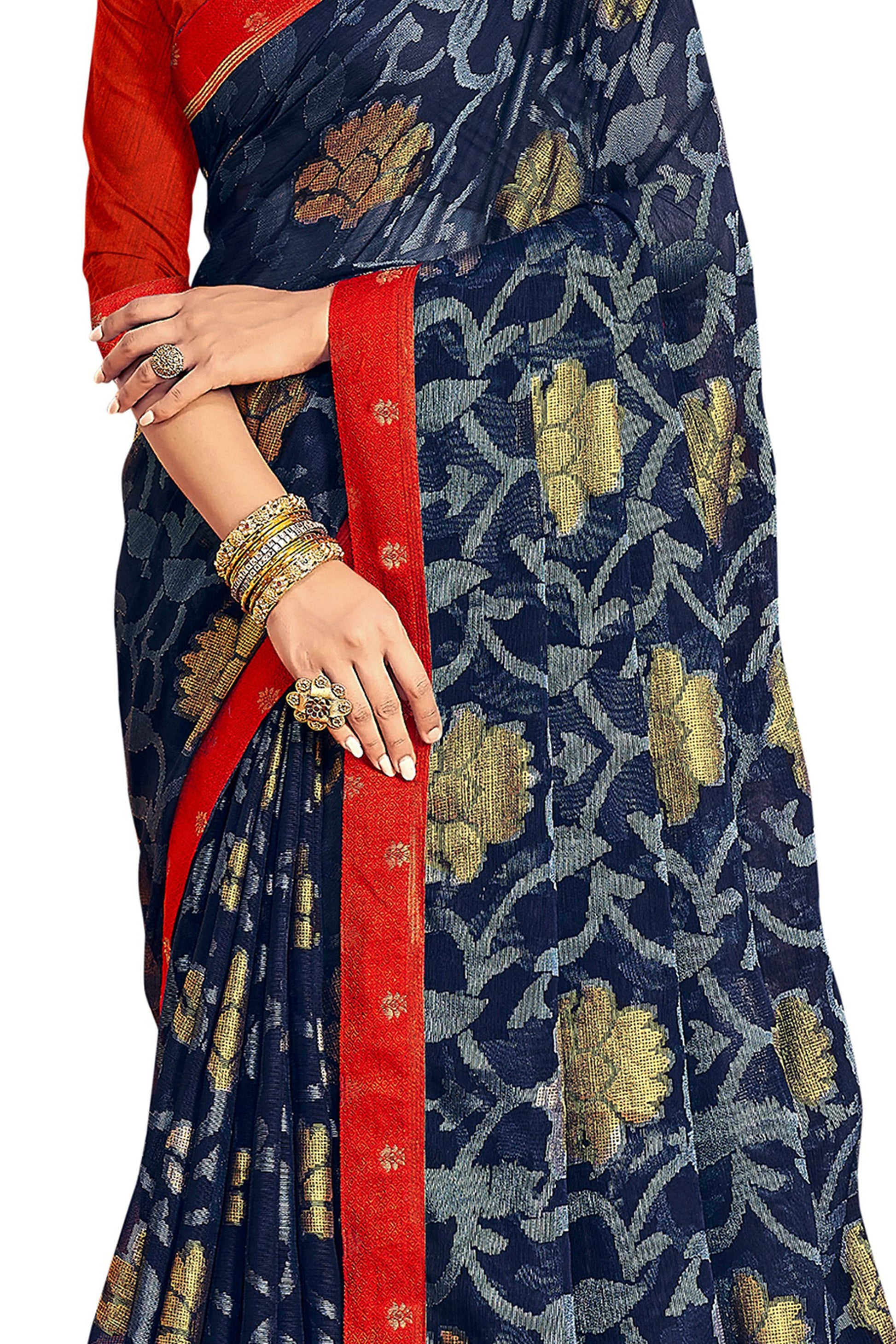 Vamika Navy Blue Designer Chiffon Brasso Saree With Exclusive Banarasi Lace | Swadesiicart