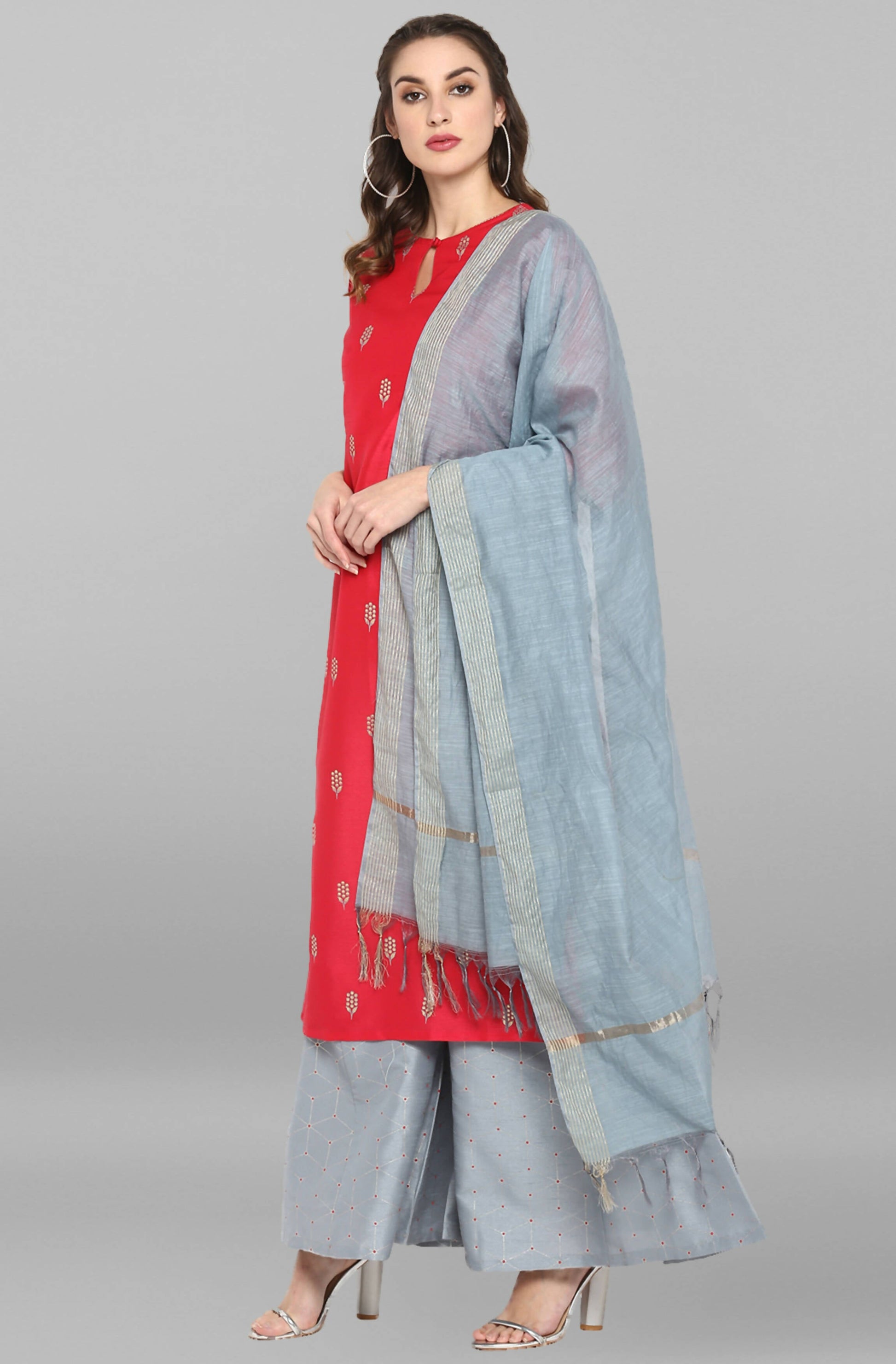 Janasya Women's Blue Cotton Floral Print Top With Palazzo | Swadesiicart