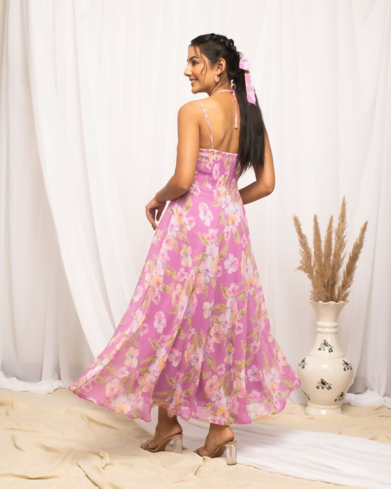 FIORRA Women's Light Pink Georgette Floral Printed Dress - Swadesiicart