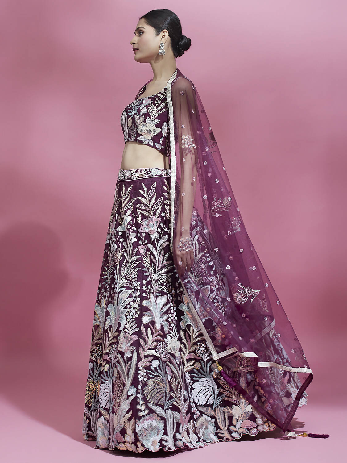 House of Panchhi Burgundy Net Sequinse Work Lehenga & Blouse with Dupatta | Swadesiicart