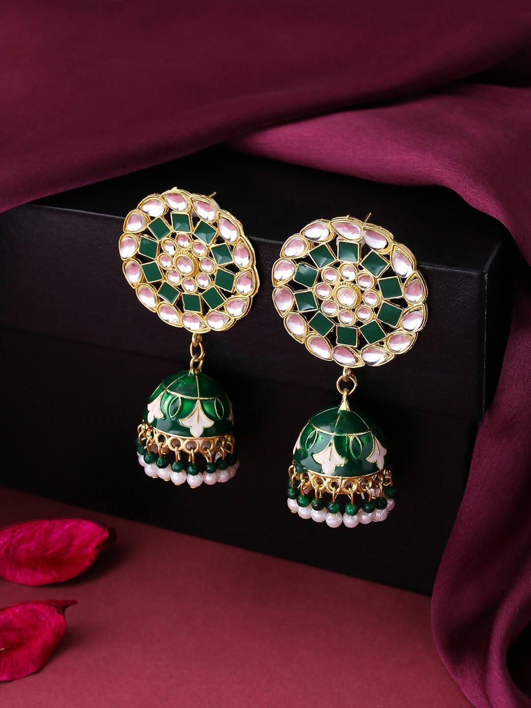 NVR Women Gold-Polished Green Dome Shaped Meenkari Jhumkas Earrings | Swadesiicart