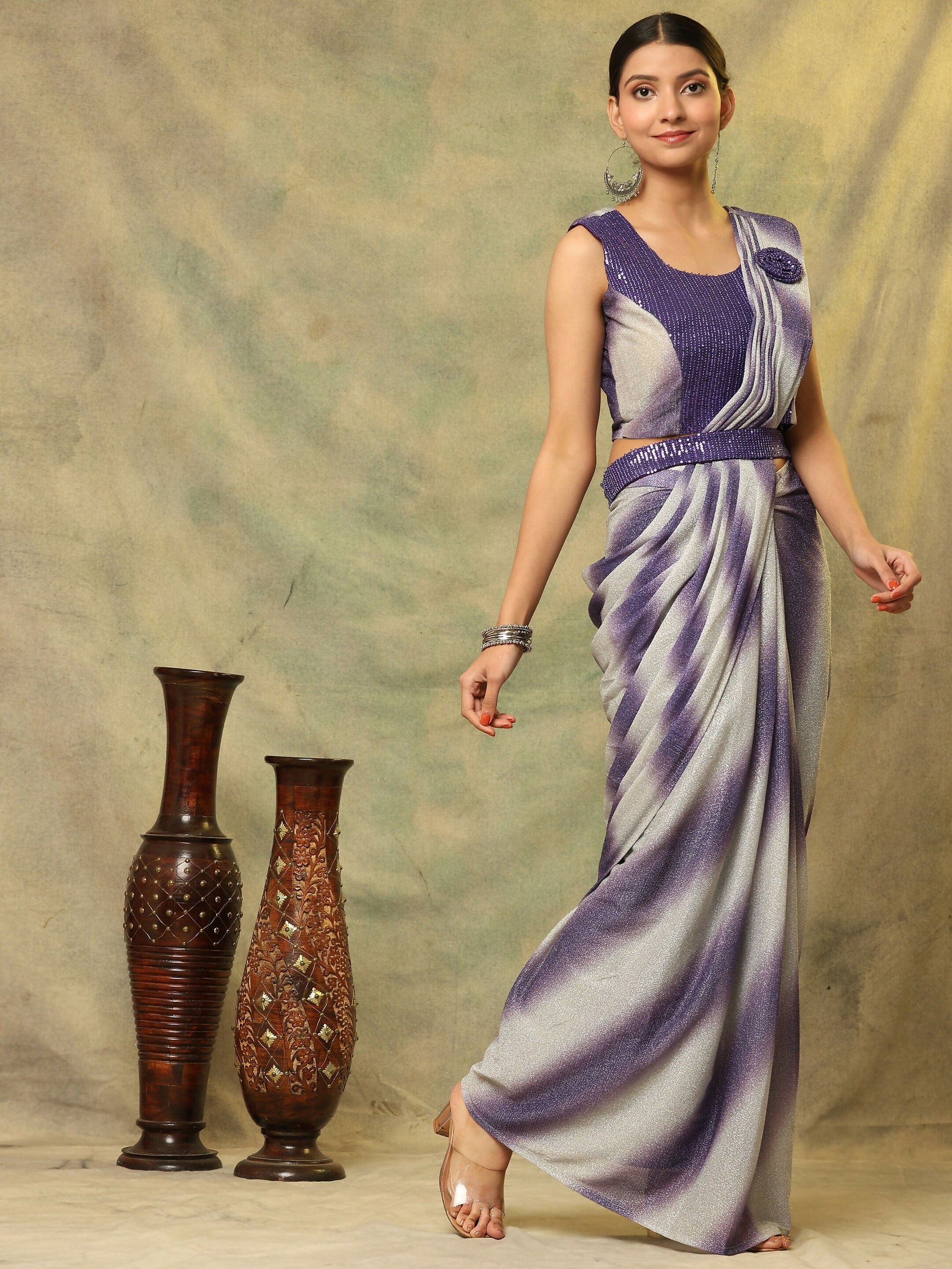 Purple Polyester Solid Ready to Wear Saree with stitched Blouse - Aayan | Swadesiicart