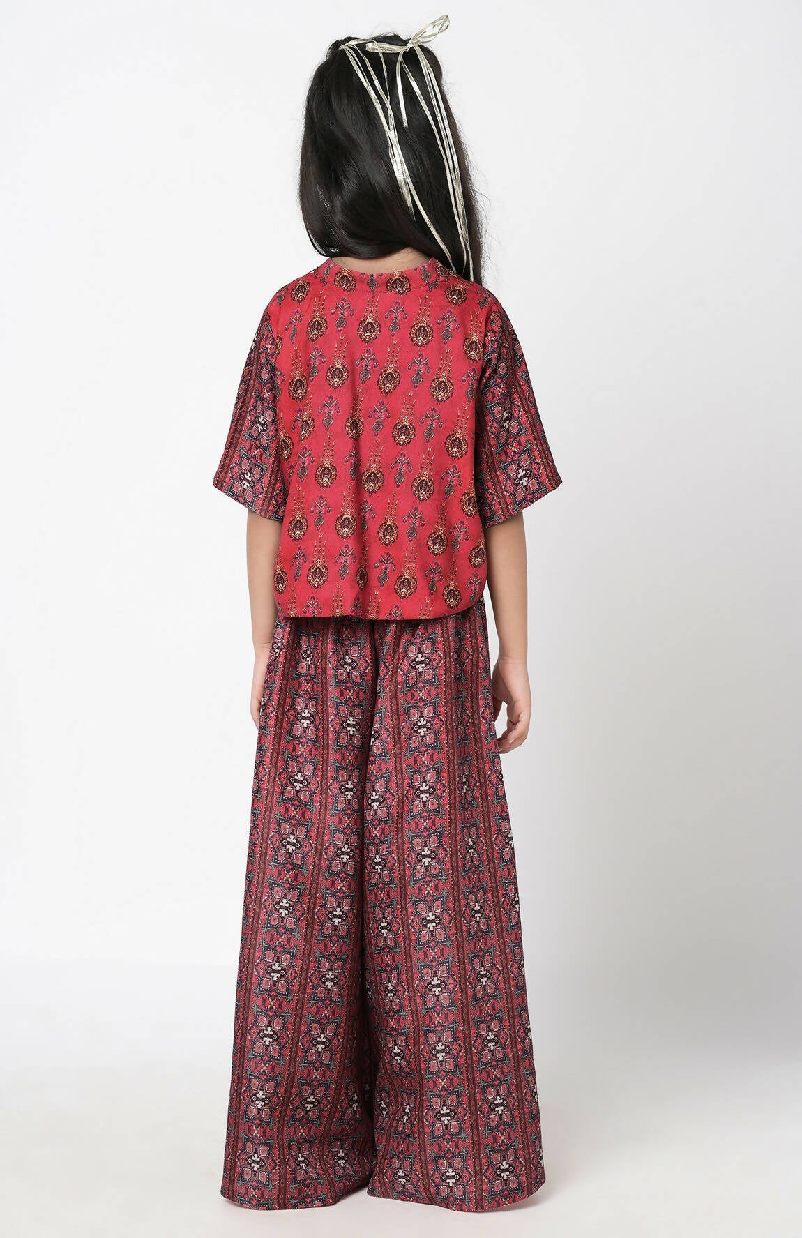 Lil Drama Ethnic Twist Girls Red Print Flared Palazzo With Top And Jacket Co-Ordinate Set - Swadesiicart