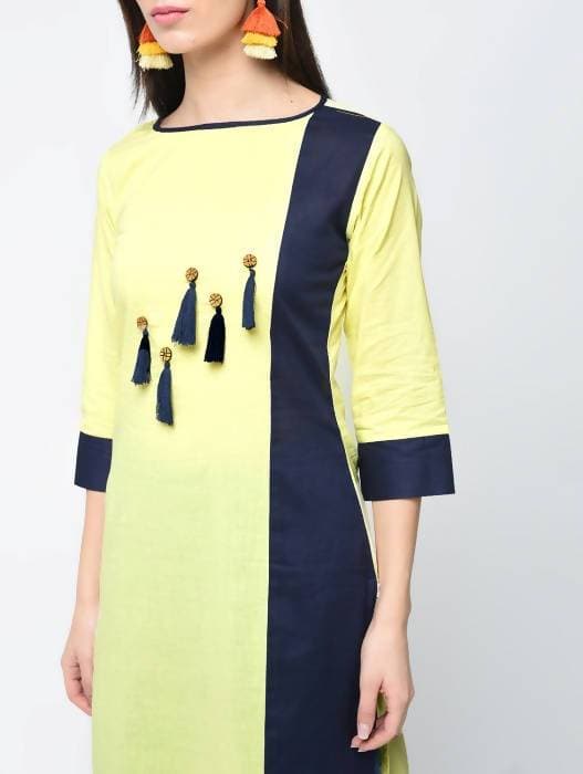 Aniyah Cotton Color Block Yellow Straight Kurta With Tassels (AN-103K) - Swadesiicart
