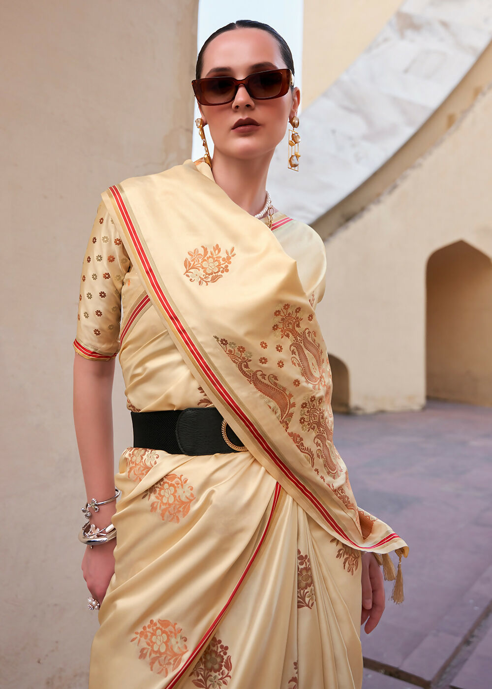 Buttermilk Beige Pure Satin Zari Weaving Wedding Festive Saree - Emponline | Swadesiicart