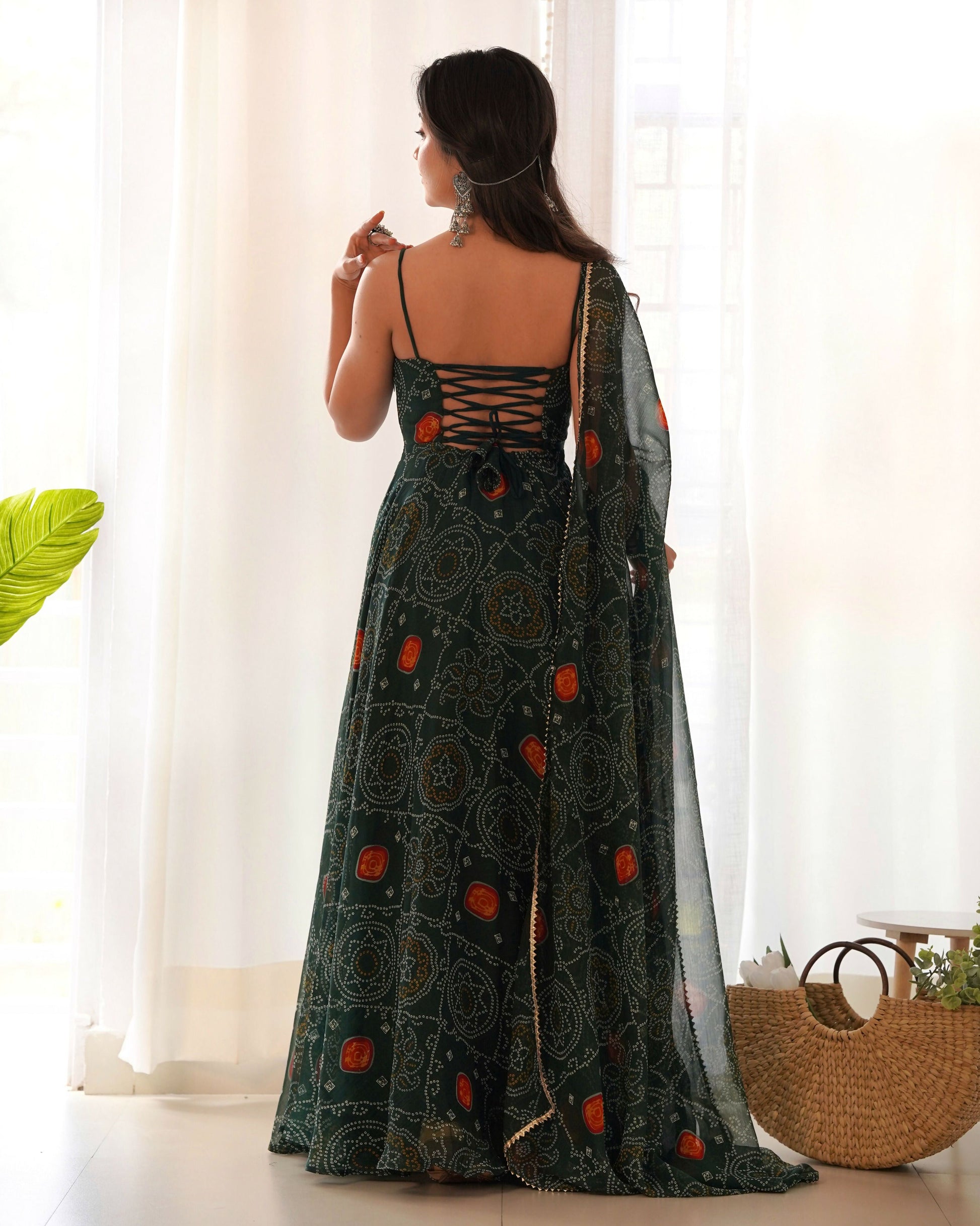 Joban Fashion Bottle Green Kurta Set Chiffon Sequin Embroidery Work - Swadesiicart