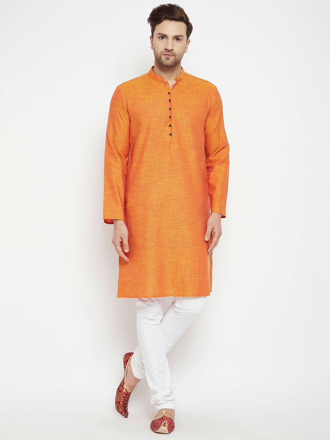 Even Apparels Orange Pure Cotton Long Men's Kurta With Band Collar | Swadesiicart