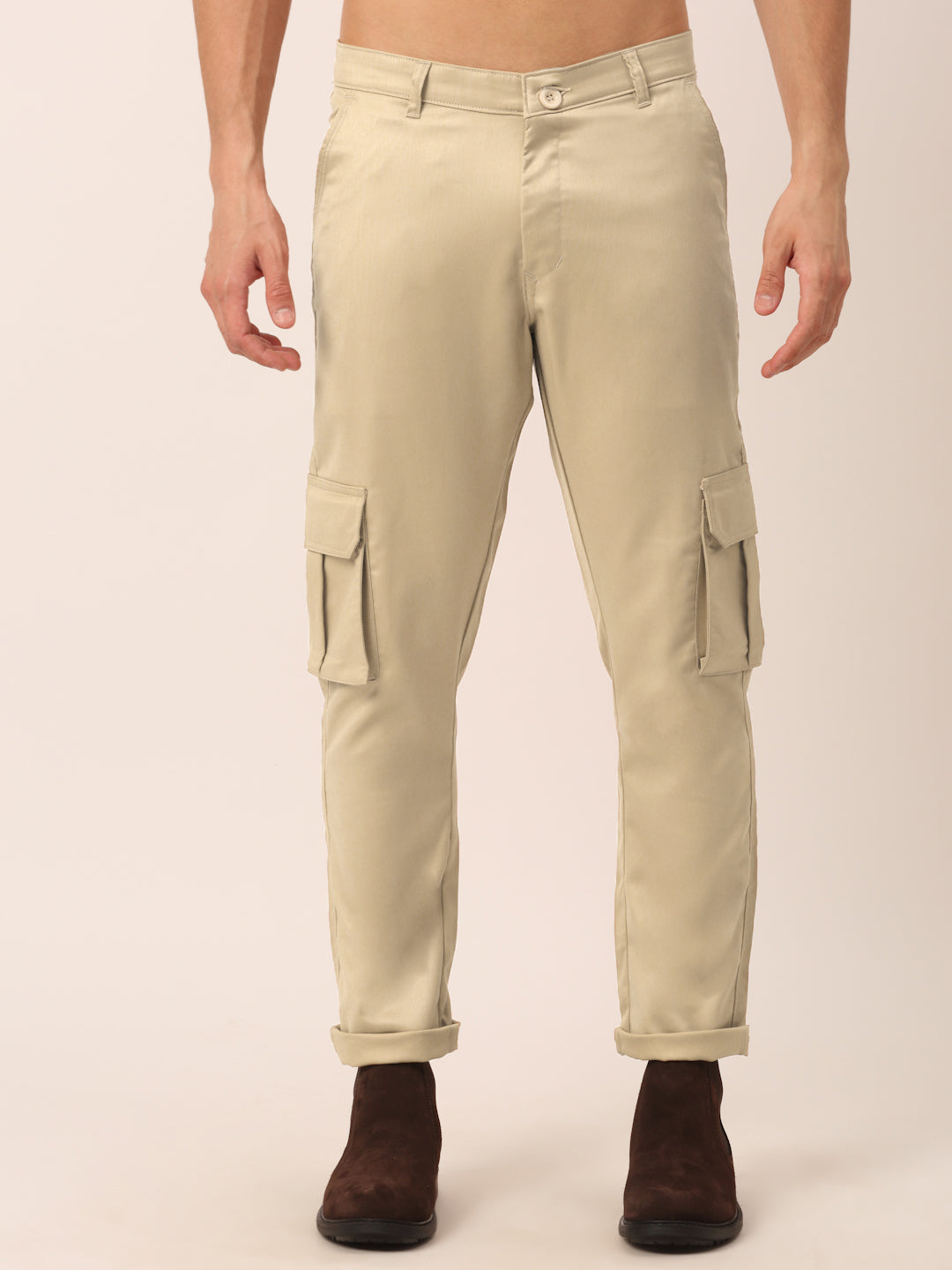 Jainish Men's Casual Cotton Solid Cargo Pants ( KGP 154 Beige ) - Swadesiicart