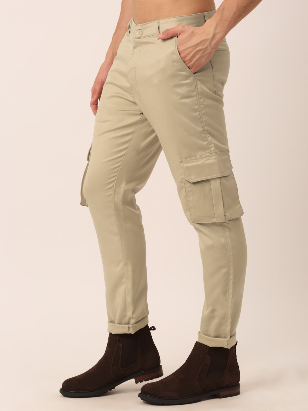 Jainish Men's Casual Cotton Solid Cargo Pants ( KGP 154 Beige ) - Swadesiicart