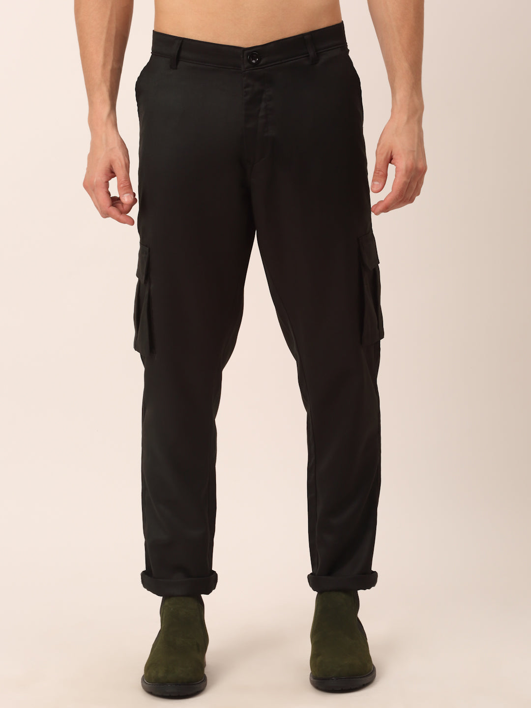 Jainish Men's Casual Cotton Solid Cargo Pants ( KGP 154 Black ) - Swadesiicart