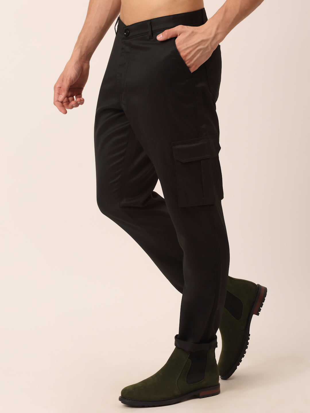 Jainish Men's Casual Cotton Solid Cargo Pants ( KGP 154 Black ) - Swadesiicart
