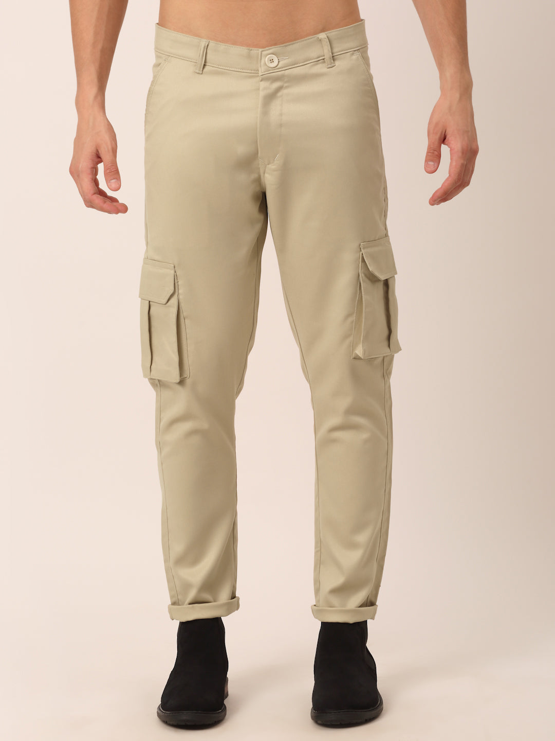 Jainish Men's Casual Cotton Solid Cargo Pants ( KGP 154 Cream ) - Swadesiicart