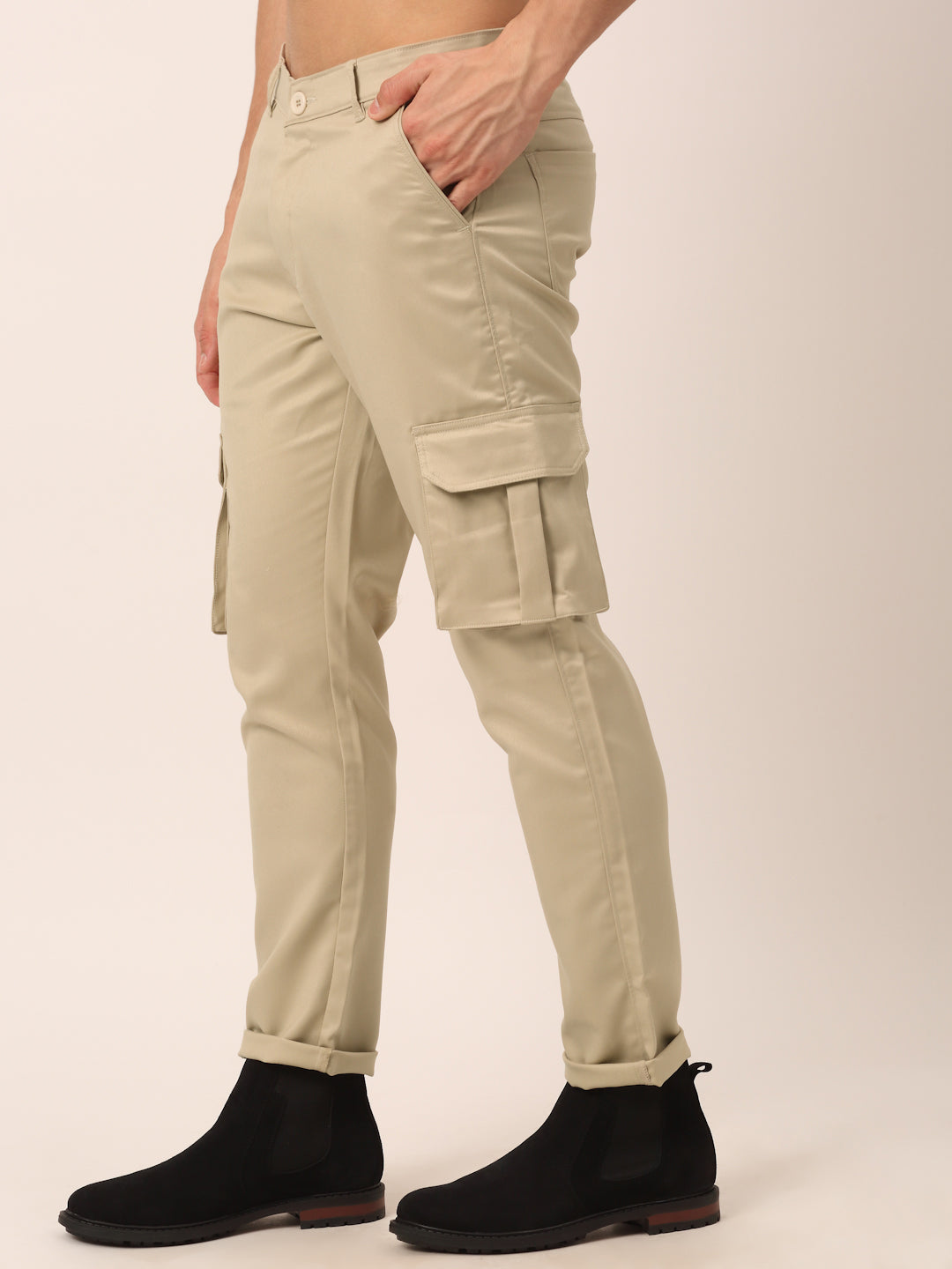 Jainish Men's Casual Cotton Solid Cargo Pants ( KGP 154 Cream ) - Swadesiicart