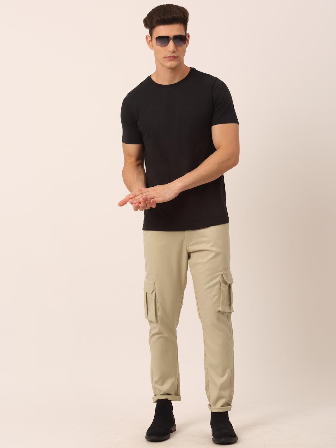 Jainish Men's Casual Cotton Solid Cargo Pants ( KGP 154 Cream ) - Swadesiicart