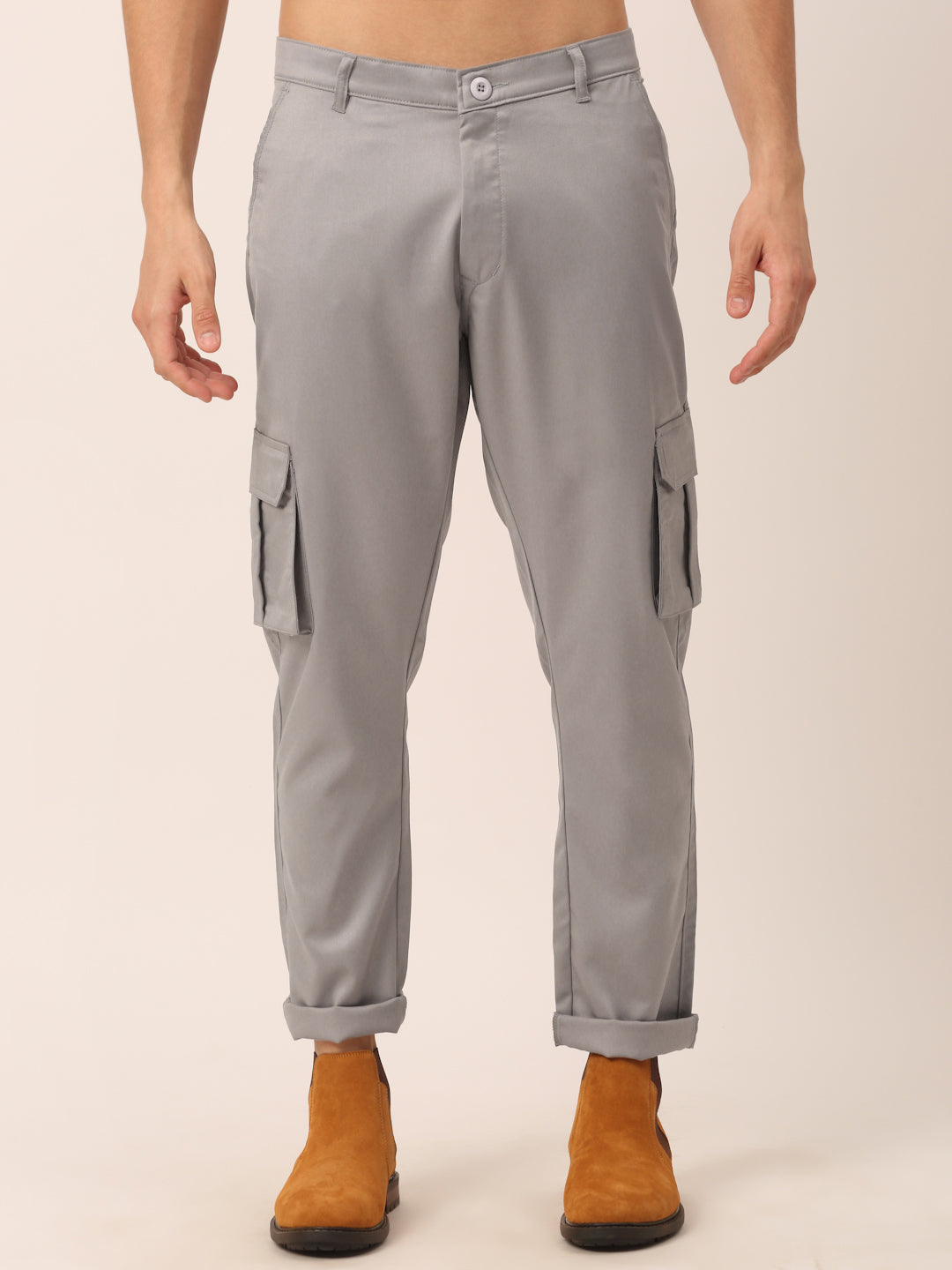 Jainish Men's Casual Cotton Solid Cargo Pants ( KGP 154 Light-Grey ) - Swadesiicart