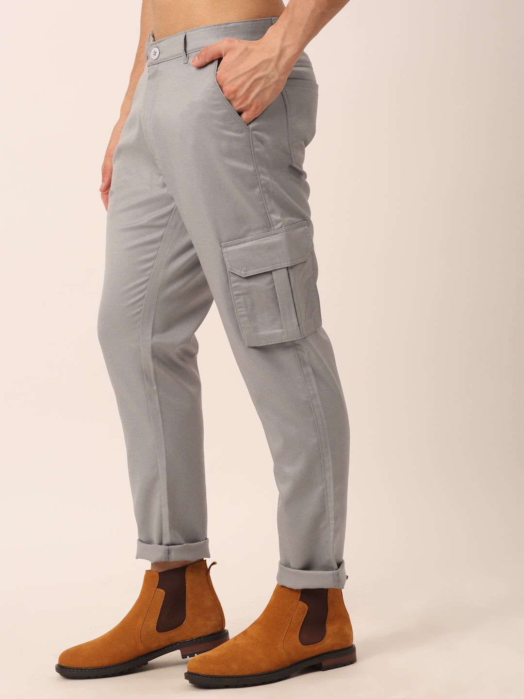 Jainish Men's Casual Cotton Solid Cargo Pants ( KGP 154 Light-Grey ) - Swadesiicart