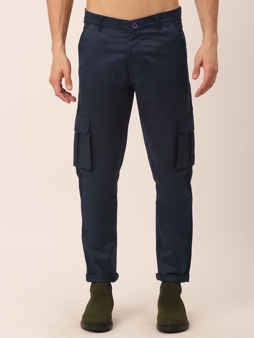 Jainish Men's Casual Cotton Solid Cargo Pants ( KGP 154 Navy-Blue ) - Swadesiicart