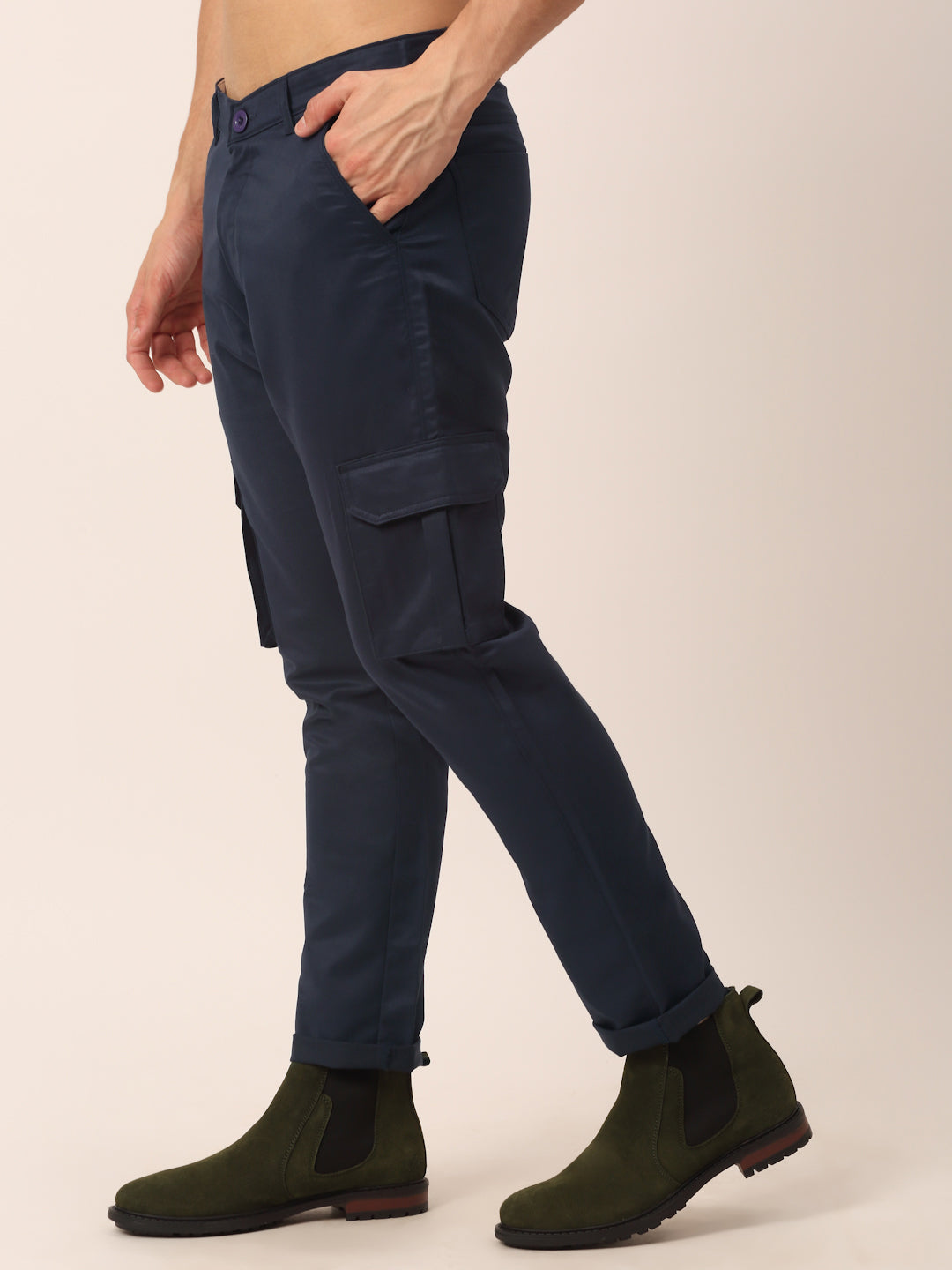 Jainish Men's Casual Cotton Solid Cargo Pants ( KGP 154 Navy-Blue ) - Swadesiicart