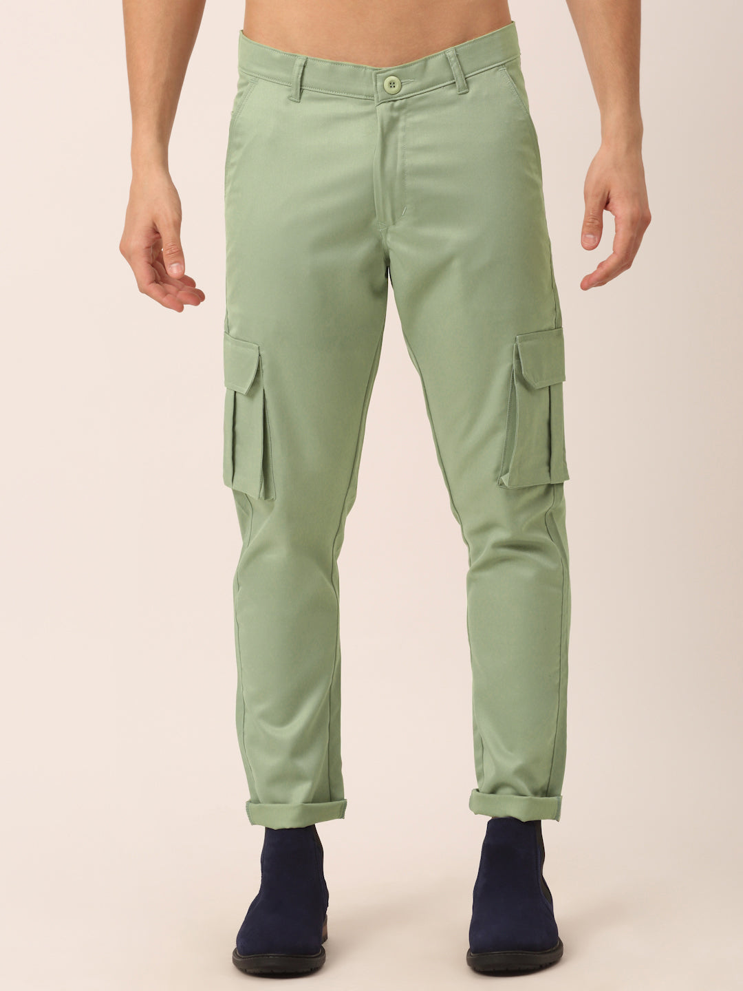 Jainish Men's Casual Cotton Solid Cargo Pants ( KGP 154 Pista-Green ) - Swadesiicart