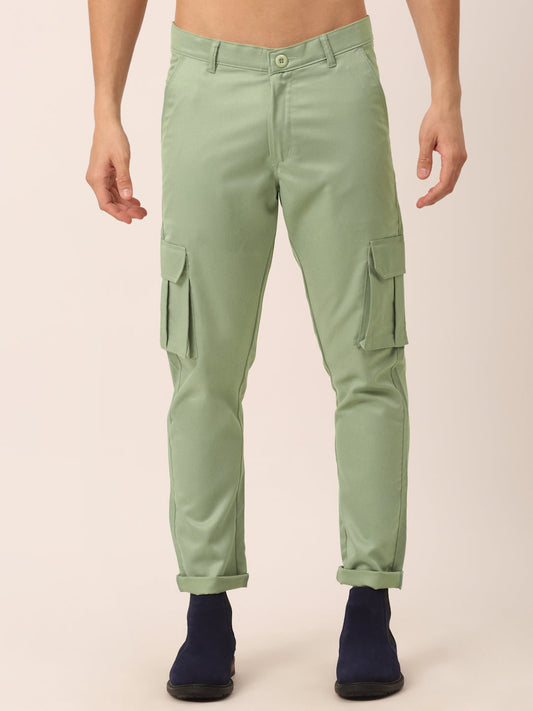 Jainish Men's Casual Cotton Solid Cargo Pants ( KGP 154 Pista-Green ) - Swadesiicart