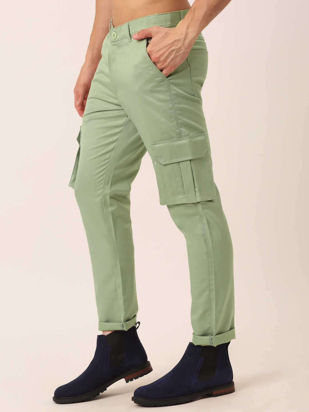 Jainish Men's Casual Cotton Solid Cargo Pants ( KGP 154 Pista-Green ) - Swadesiicart