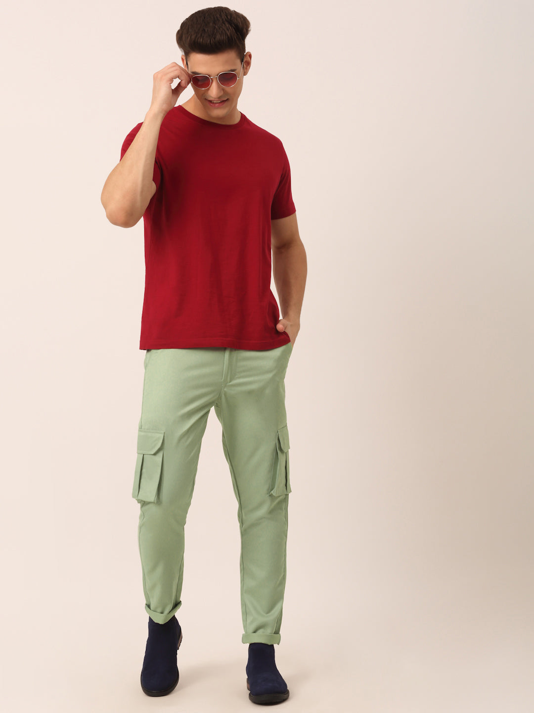Jainish Men's Casual Cotton Solid Cargo Pants ( KGP 154 Pista-Green ) - Swadesiicart