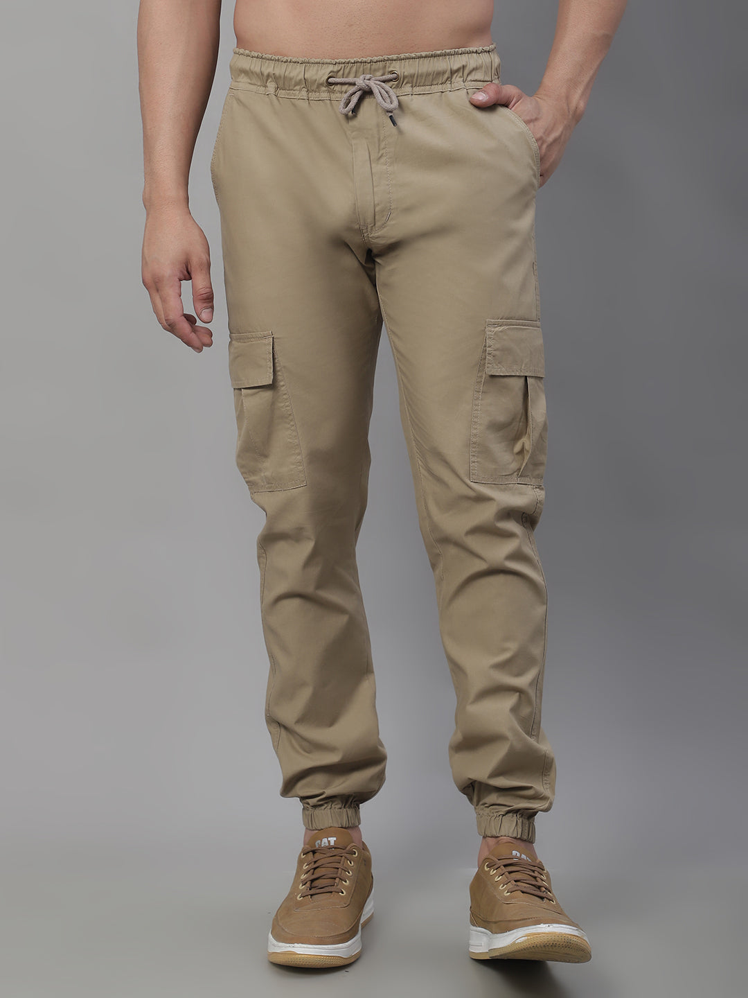 Jainish Men's Casual Cotton Solid Cargo Pants - Beige - Swadesiicart