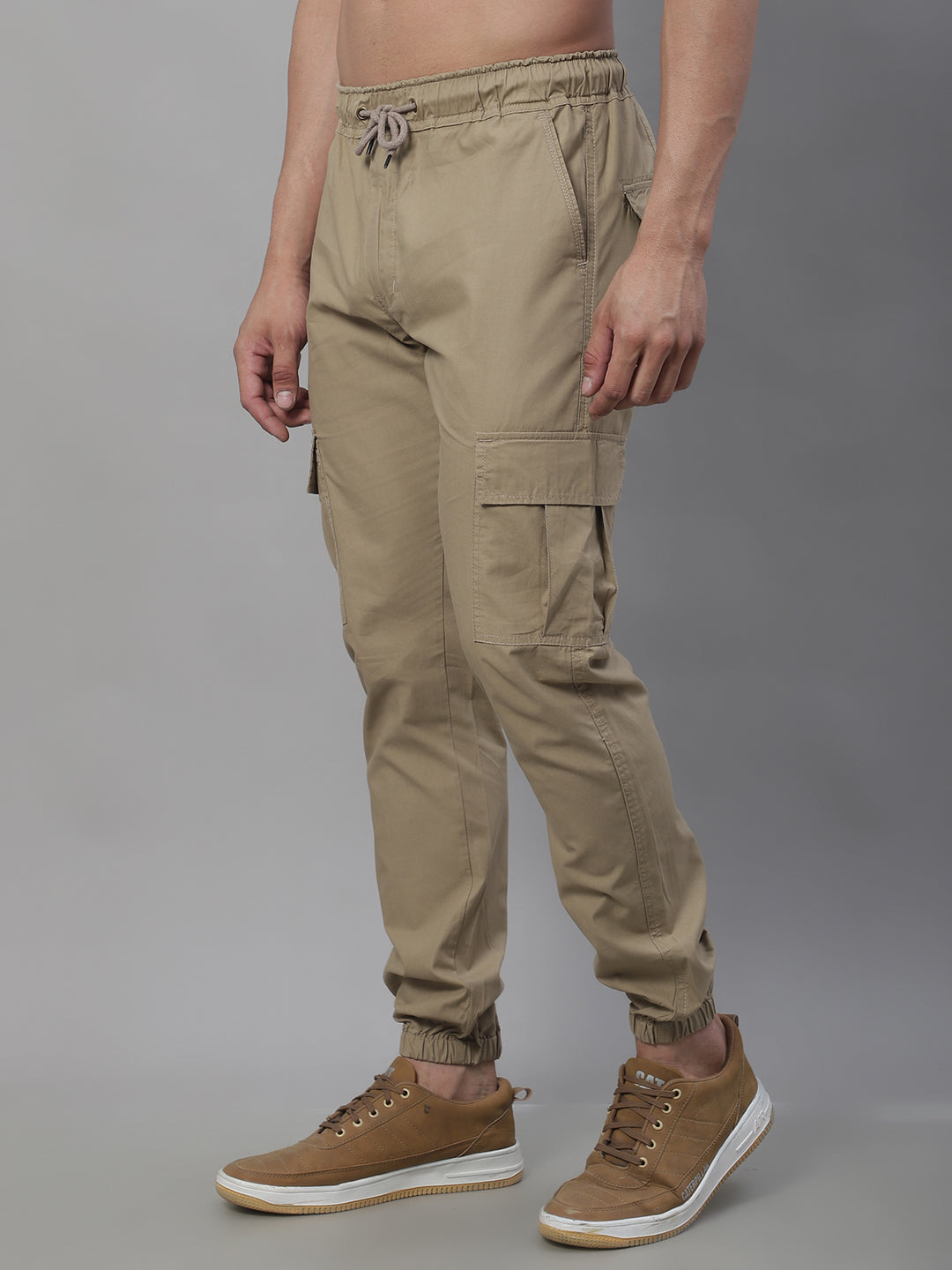 Jainish Men's Casual Cotton Solid Cargo Pants - Beige - Swadesiicart