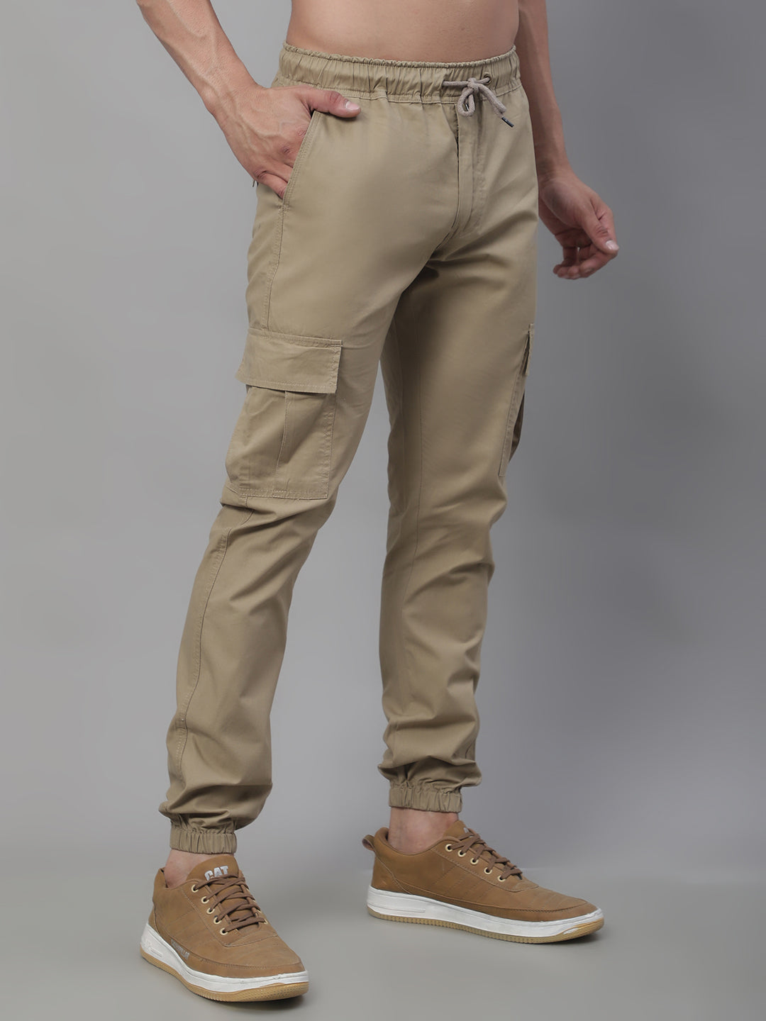 Jainish Men's Casual Cotton Solid Cargo Pants - Beige - Swadesiicart