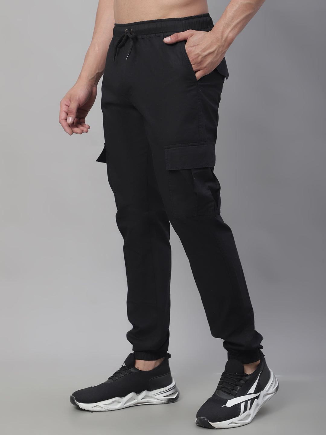 Jainish Men's Casual Cotton Solid Cargo Pants - Black - Swadesiicart