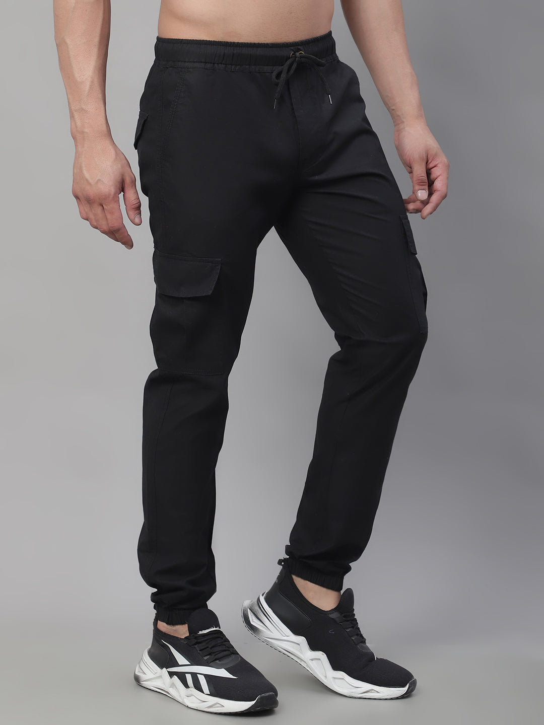 Jainish Men's Casual Cotton Solid Cargo Pants - Black - Swadesiicart