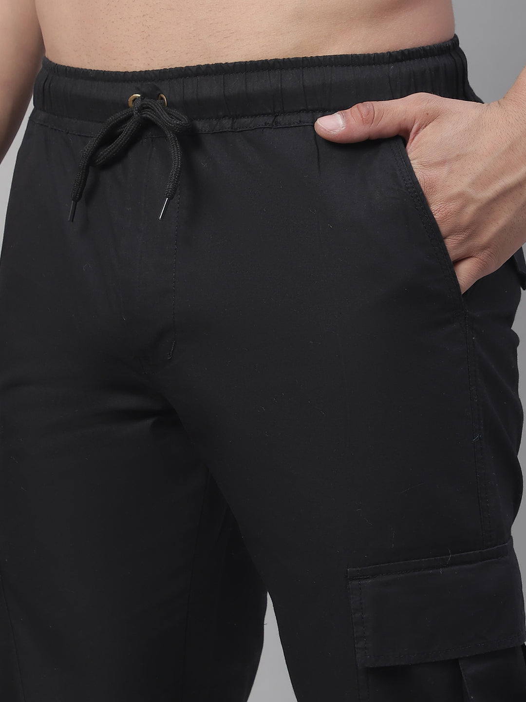 Jainish Men's Casual Cotton Solid Cargo Pants - Black - Swadesiicart