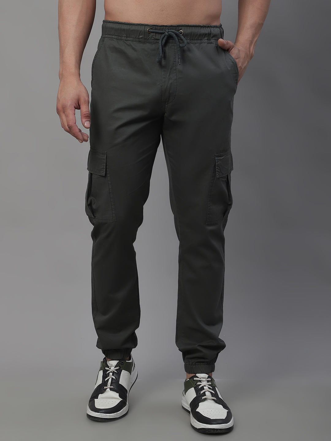 Jainish Men's Casual Cotton Solid Cargo Pants - Grey - Swadesiicart