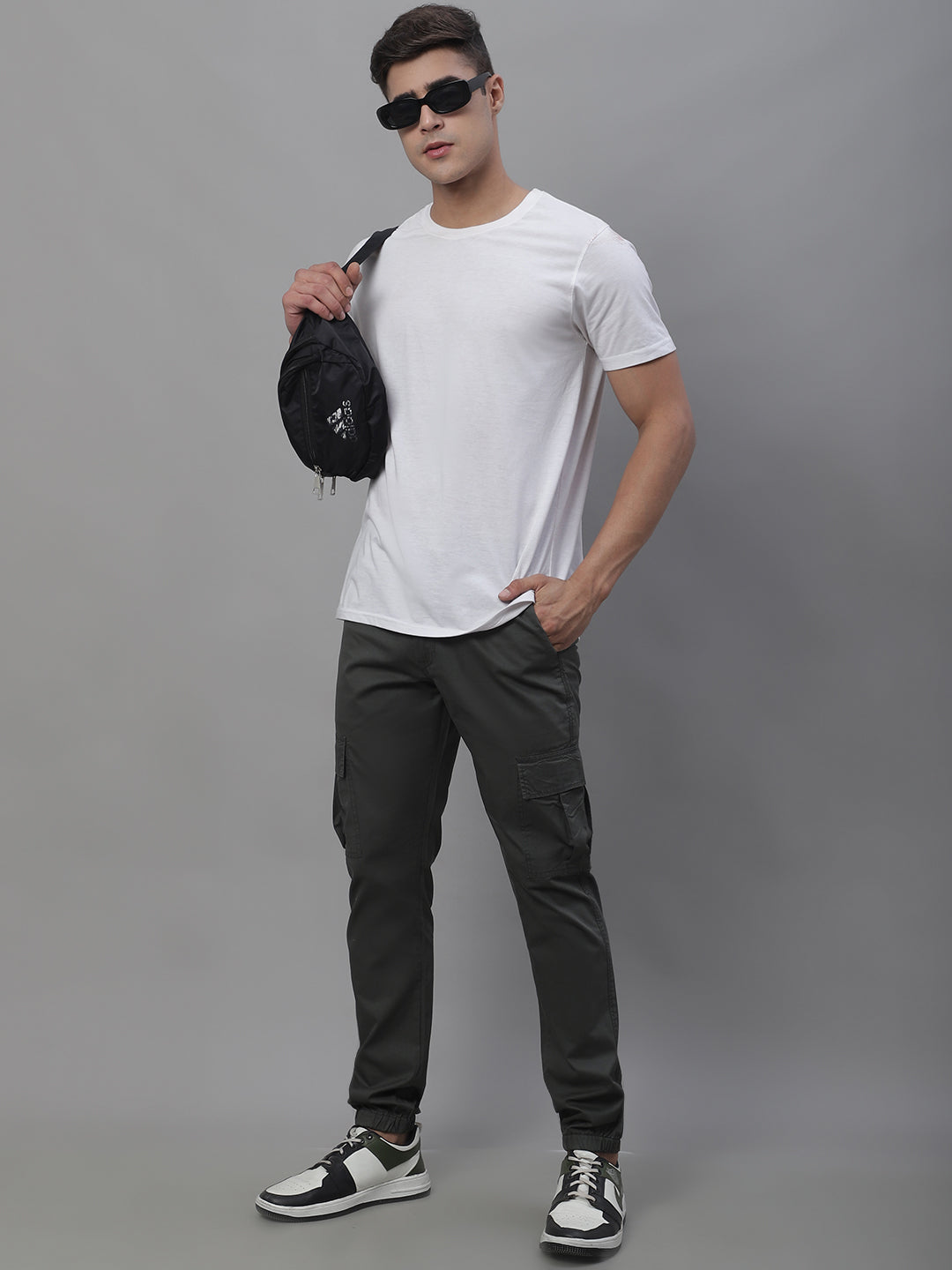 Jainish Men's Casual Cotton Solid Cargo Pants - Grey - Swadesiicart