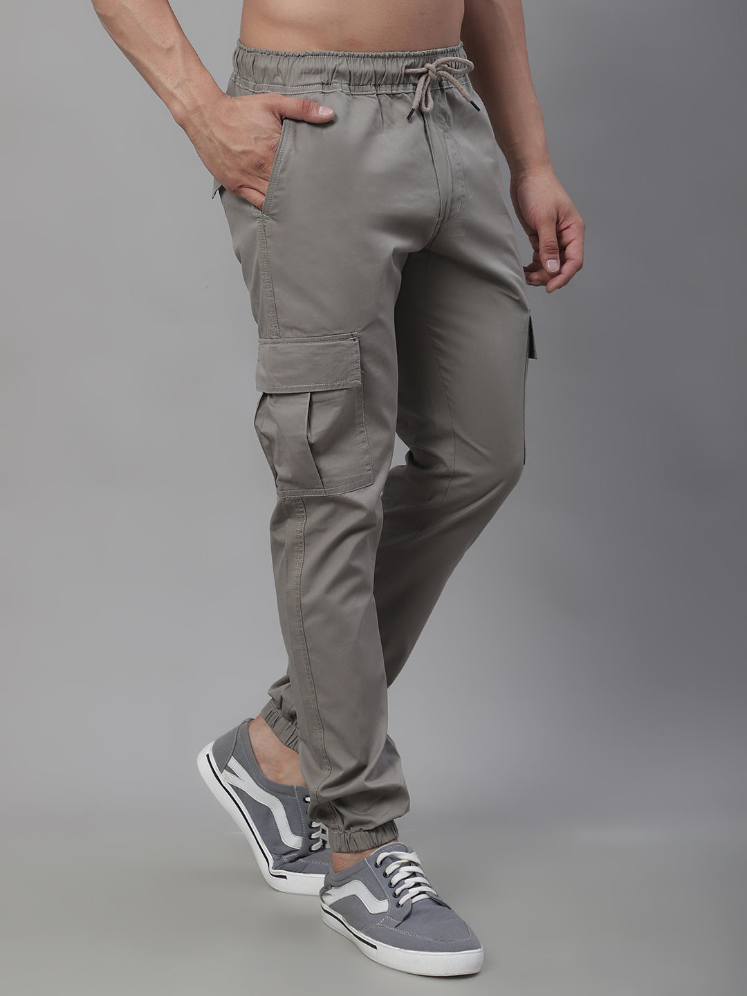 Jainish Men's Casual Cotton Solid Cargo Pants - Light-Grey - Swadesiicart