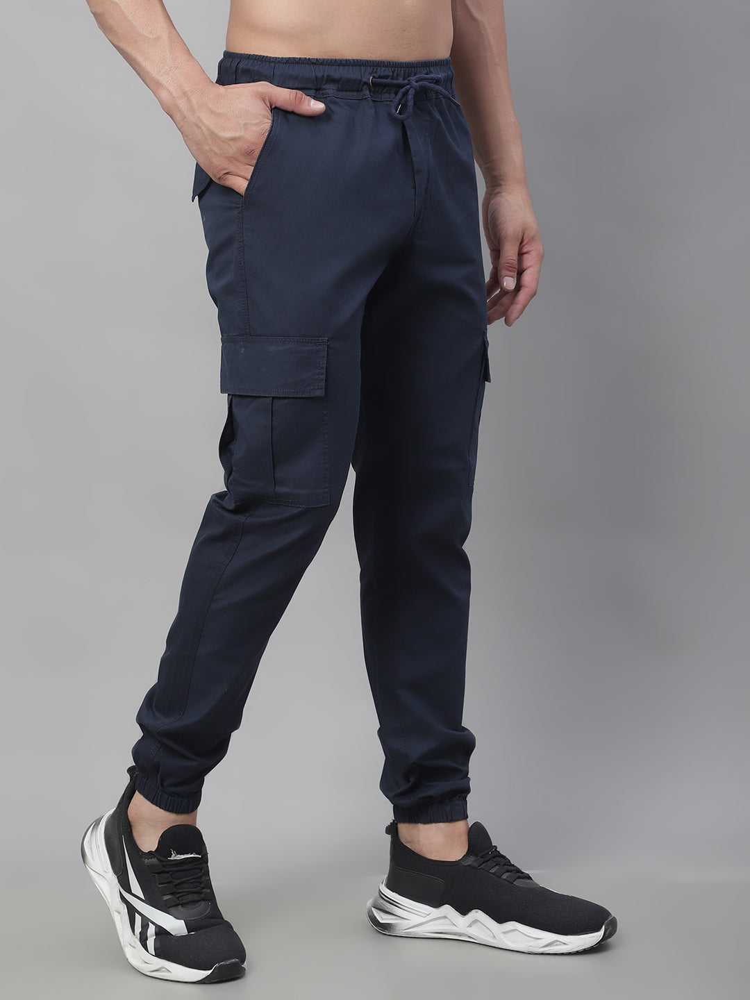 Jainish Men's Casual Cotton Solid Cargo Pants - Navy Blue - Swadesiicart