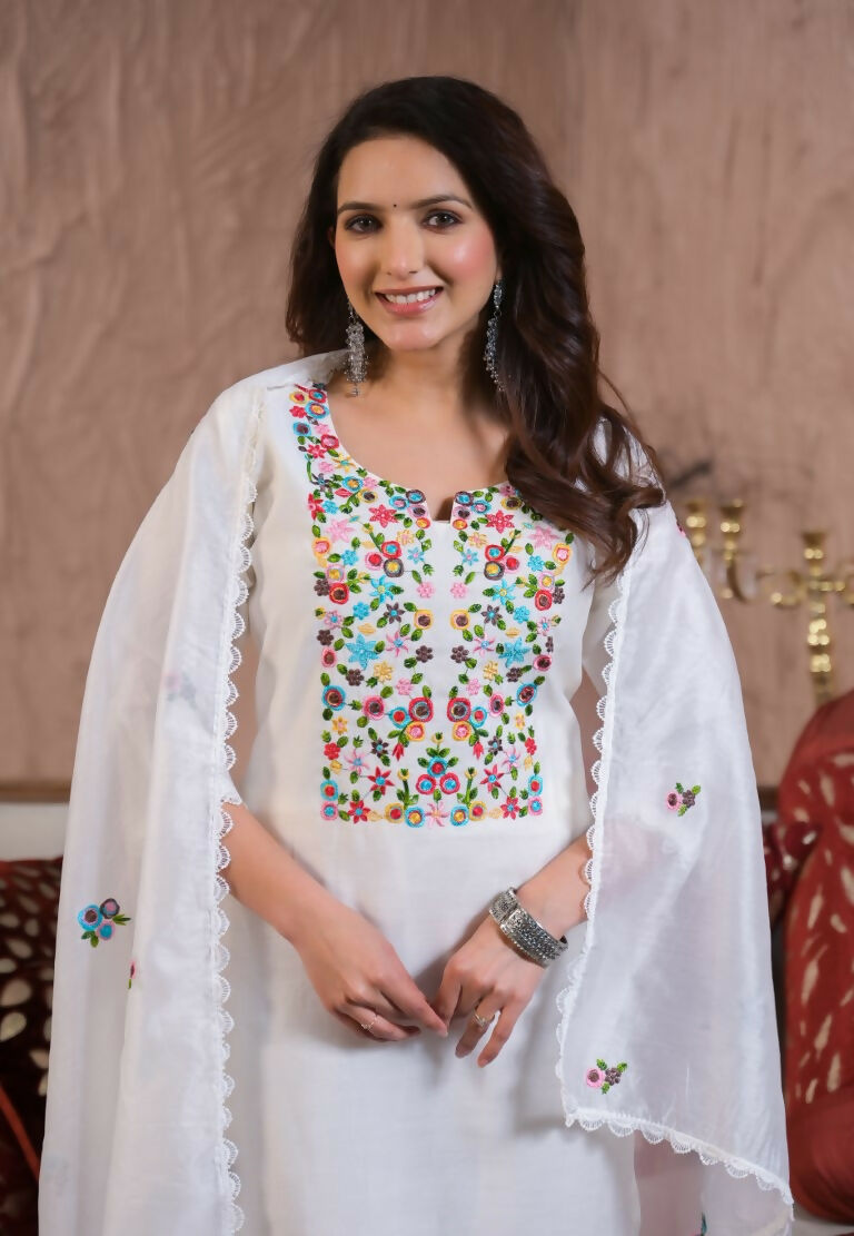 Ethnic Festive Wear Chanderi with Cotton Lining White Stitched Suit With Dupatta - Tanisha | Swadesiicart