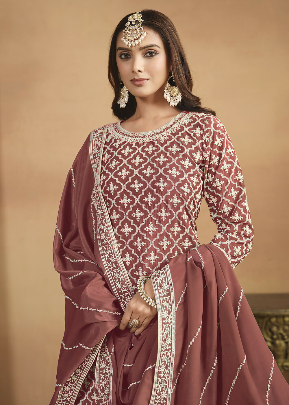 Chinnon Peach Multicolor Embroidered Lehenga Style Suit - Emponline | Swadesiicart
