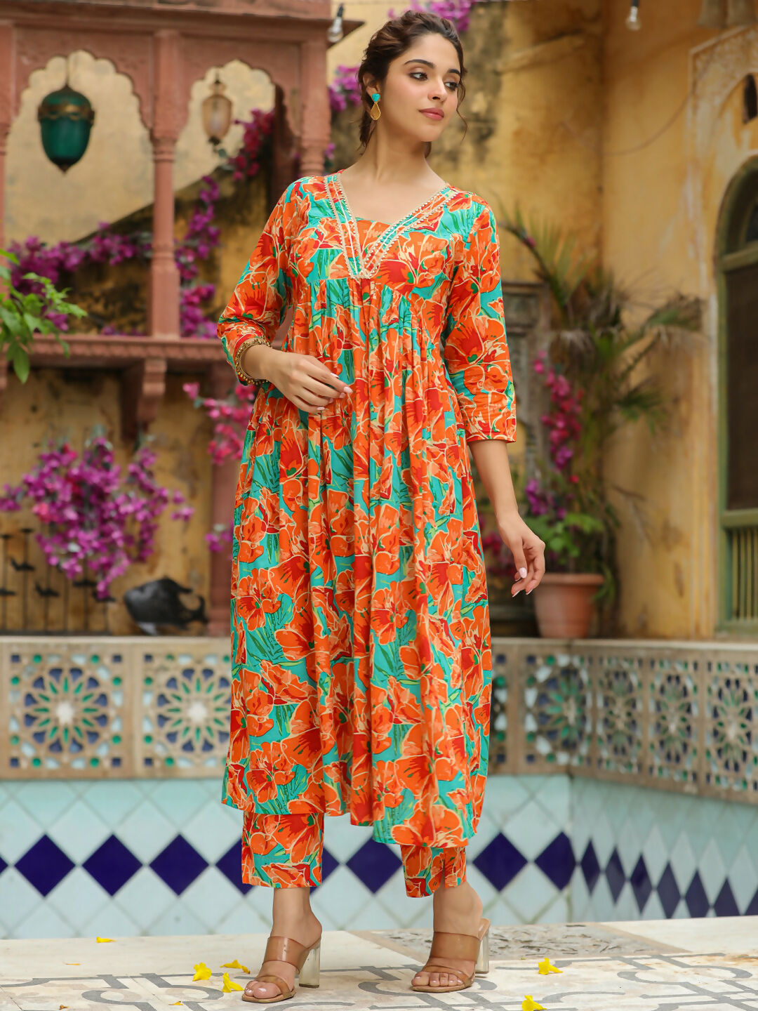 Janasya Orange Cotton Floral Kurta & Bottom | Swadesiicart