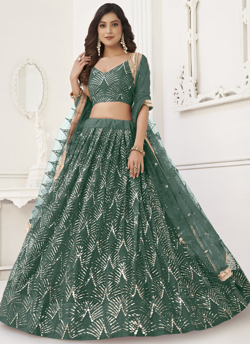 Vegaa Fashion Green Butterfly Net Embroidery Sequins Designer Lehenga - Swadesiicart